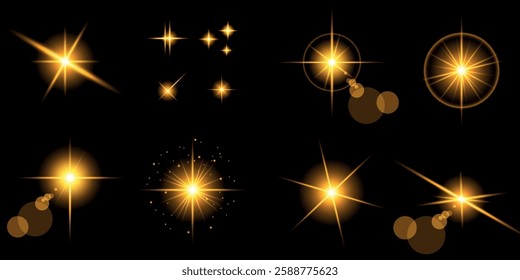 Glowing light bursts with sparks. A set of radiant glow effects, lens flare, explosion, brilliance, light streaks, solar flare, spark, and star. A stunning abstract image of bright flashes and shimmer