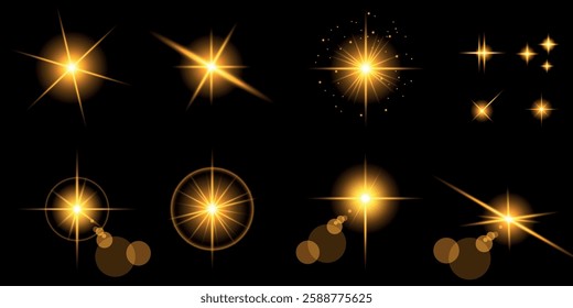 Glowing light bursts with sparks. A set of radiant glow effects, lens flare, explosion, brilliance, light streaks, solar flare, spark, and star. A stunning abstract image of bright flashes and shimmer