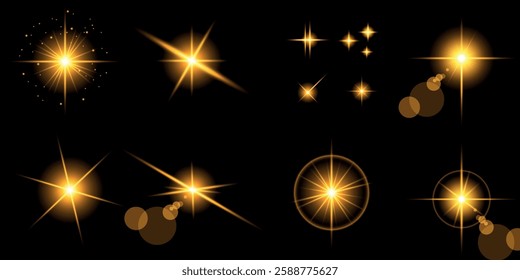 Glowing light bursts with sparks. A set of radiant glow effects, lens flare, explosion, brilliance, light streaks, solar flare, spark, and star. A stunning abstract image of bright flashes and shimmer