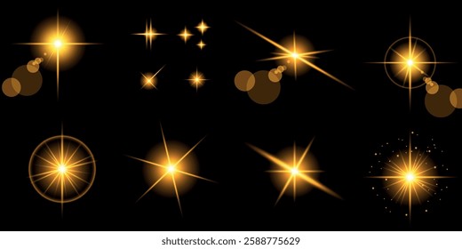 Glowing light bursts with sparks. A set of radiant glow effects, lens flare, explosion, brilliance, light streaks, solar flare, spark, and star. A stunning abstract image of bright flashes and shimmer