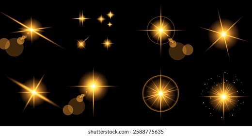Glowing light bursts with sparks. A set of radiant glow effects, lens flare, explosion, brilliance, light streaks, solar flare, spark, and star. A stunning abstract image of bright flashes and shimmer