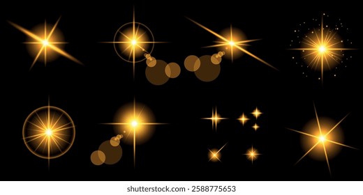 Glowing light bursts with sparks. A set of radiant glow effects, lens flare, explosion, brilliance, light streaks, solar flare, spark, and star. A stunning abstract image of bright flashes and shimmer