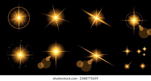 Glowing light bursts with sparks. A set of radiant glow effects, lens flare, explosion, brilliance, light streaks, solar flare, spark, and star. A stunning abstract image of bright flashes and shimmer