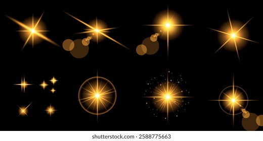 Glowing light bursts with sparks. A set of radiant glow effects, lens flare, explosion, brilliance, light streaks, solar flare, spark, and star. A stunning abstract image of bright flashes and shimmer