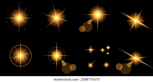 Glowing light bursts with sparks. A set of radiant glow effects, lens flare, explosion, brilliance, light streaks, solar flare, spark, and star. A stunning abstract image of bright flashes and shimmer