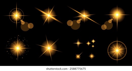 Glowing light bursts with sparks. A set of radiant glow effects, lens flare, explosion, brilliance, light streaks, solar flare, spark, and star. A stunning abstract image of bright flashes and shimmer