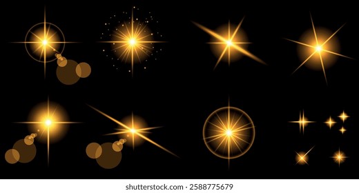 Glowing light bursts with sparks. A set of radiant glow effects, lens flare, explosion, brilliance, light streaks, solar flare, spark, and star. A stunning abstract image of bright flashes and shimmer
