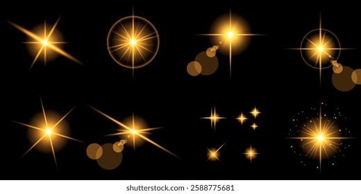 Glowing light bursts with sparks. A set of radiant glow effects, lens flare, explosion, brilliance, light streaks, solar flare, spark, and star. A stunning abstract image of bright flashes and shimmer