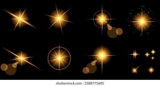 Glowing light bursts with sparks. A set of radiant glow effects, lens flare, explosion, brilliance, light streaks, solar flare, spark, and star. A stunning abstract image of bright flashes and shimmer