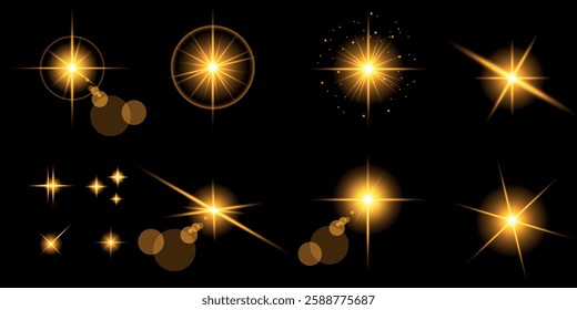 Glowing light bursts with sparks. A set of radiant glow effects, lens flare, explosion, brilliance, light streaks, solar flare, spark, and star. A stunning abstract image of bright flashes and shimmer