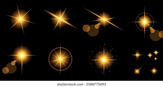 Glowing light bursts with sparks. A set of radiant glow effects, lens flare, explosion, brilliance, light streaks, solar flare, spark, and star. A stunning abstract image of bright flashes and shimmer