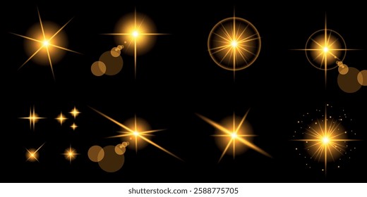 Glowing light bursts with sparks. A set of radiant glow effects, lens flare, explosion, brilliance, light streaks, solar flare, spark, and star. A stunning abstract image of bright flashes and shimmer