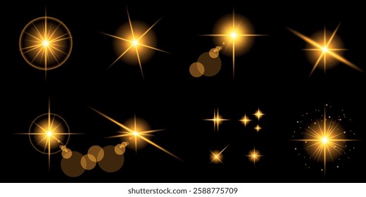 Glowing light bursts with sparks. A set of radiant glow effects, lens flare, explosion, brilliance, light streaks, solar flare, spark, and star. A stunning abstract image of bright flashes and shimmer