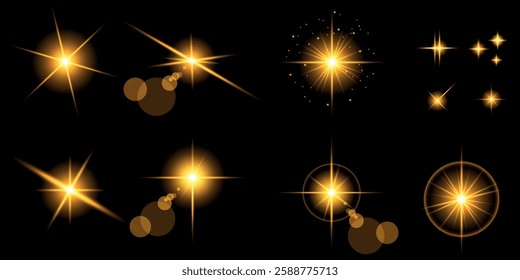 Glowing light bursts with sparks. A set of radiant glow effects, lens flare, explosion, brilliance, light streaks, solar flare, spark, and star. A stunning abstract image of bright flashes and shimmer