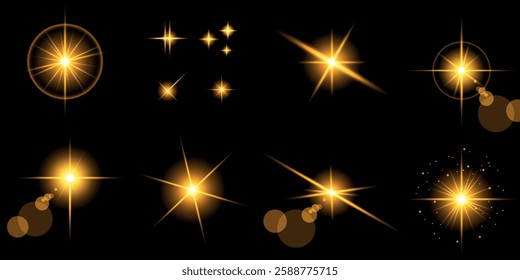 Glowing light bursts with sparks. A set of radiant glow effects, lens flare, explosion, brilliance, light streaks, solar flare, spark, and star. A stunning abstract image of bright flashes and shimmer