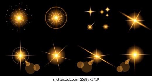 Glowing light bursts with sparks. A set of radiant glow effects, lens flare, explosion, brilliance, light streaks, solar flare, spark, and star. A stunning abstract image of bright flashes and shimmer