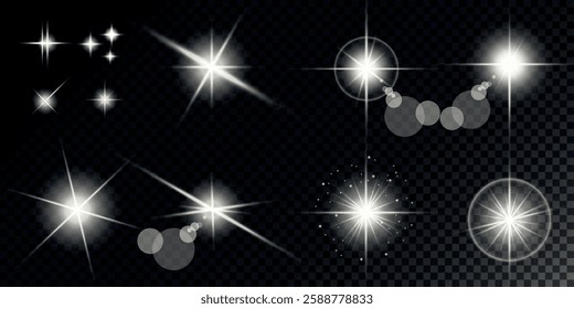 Glowing light bursts with sparks. A set of radiant glow effects, lens flare, explosion, brilliance, light streaks, solar flare, spark, and star. A stunning abstract image of bright flashes and shimmer