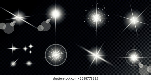 Glowing light bursts with sparks. A set of radiant glow effects, lens flare, explosion, brilliance, light streaks, solar flare, spark, and star. A stunning abstract image of bright flashes and shimmer
