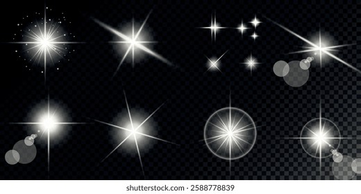 Glowing light bursts with sparks. A set of radiant glow effects, lens flare, explosion, brilliance, light streaks, solar flare, spark, and star. A stunning abstract image of bright flashes and shimmer