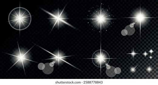 Glowing light bursts with sparks. A set of radiant glow effects, lens flare, explosion, brilliance, light streaks, solar flare, spark, and star. A stunning abstract image of bright flashes and shimmer