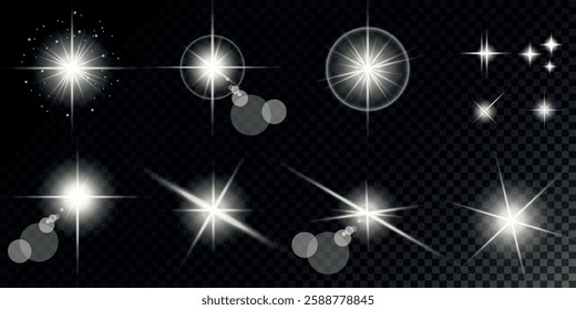 Glowing light bursts with sparks. A set of radiant glow effects, lens flare, explosion, brilliance, light streaks, solar flare, spark, and star. A stunning abstract image of bright flashes and shimmer