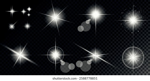 Glowing light bursts with sparks. A set of radiant glow effects, lens flare, explosion, brilliance, light streaks, solar flare, spark, and star. A stunning abstract image of bright flashes and shimmer