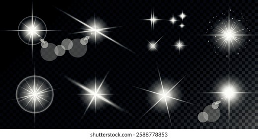 Glowing light bursts with sparks. A set of radiant glow effects, lens flare, explosion, brilliance, light streaks, solar flare, spark, and star. A stunning abstract image of bright flashes and shimmer