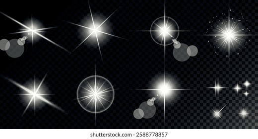 Glowing light bursts with sparks. A set of radiant glow effects, lens flare, explosion, brilliance, light streaks, solar flare, spark, and star. A stunning abstract image of bright flashes and shimmer