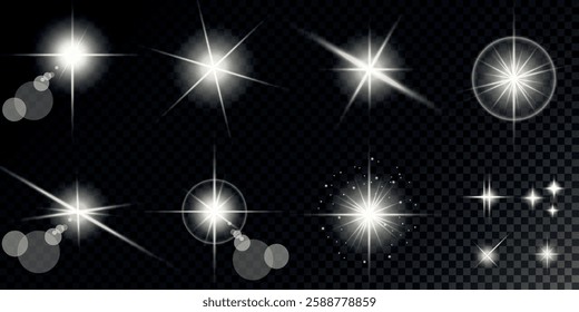Glowing light bursts with sparks. A set of radiant glow effects, lens flare, explosion, brilliance, light streaks, solar flare, spark, and star. A stunning abstract image of bright flashes and shimmer