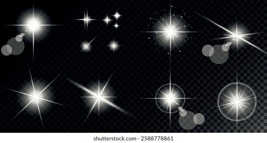 Glowing light bursts with sparks. A set of radiant glow effects, lens flare, explosion, brilliance, light streaks, solar flare, spark, and star. A stunning abstract image of bright flashes and shimmer