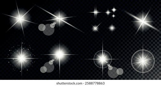 Glowing light bursts with sparks. A set of radiant glow effects, lens flare, explosion, brilliance, light streaks, solar flare, spark, and star. A stunning abstract image of bright flashes and shimmer
