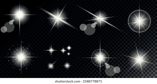 Glowing light bursts with sparks. A set of radiant glow effects, lens flare, explosion, brilliance, light streaks, solar flare, spark, and star. A stunning abstract image of bright flashes and shimmer