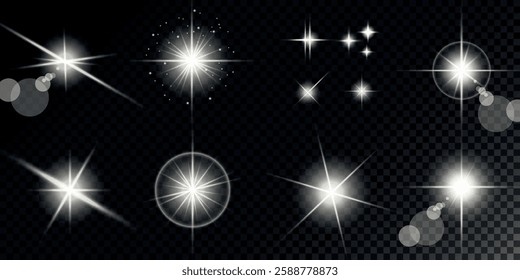 Glowing light bursts with sparks. A set of radiant glow effects, lens flare, explosion, brilliance, light streaks, solar flare, spark, and star. A stunning abstract image of bright flashes and shimmer