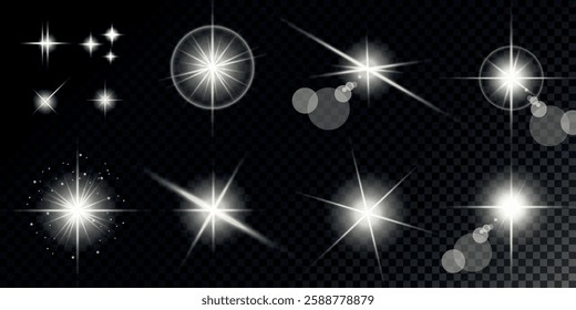 Glowing light bursts with sparks. A set of radiant glow effects, lens flare, explosion, brilliance, light streaks, solar flare, spark, and star. A stunning abstract image of bright flashes and shimmer