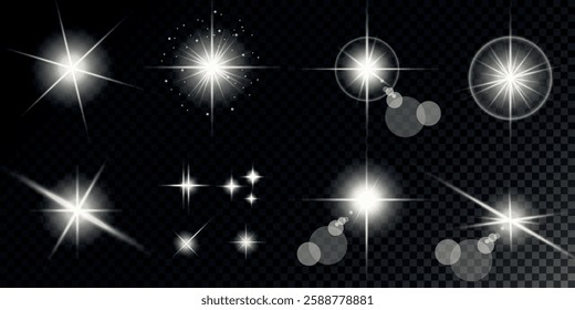 Glowing light bursts with sparks. A set of radiant glow effects, lens flare, explosion, brilliance, light streaks, solar flare, spark, and star. A stunning abstract image of bright flashes and shimmer