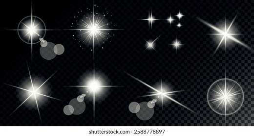 Glowing light bursts with sparks. A set of radiant glow effects, lens flare, explosion, brilliance, light streaks, solar flare, spark, and star. A stunning abstract image of bright flashes and shimmer