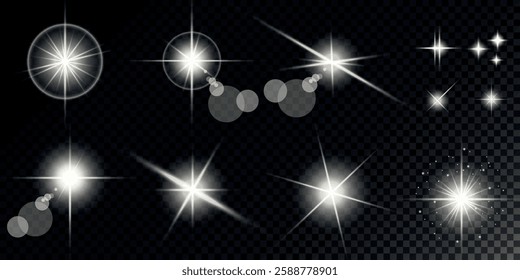 Glowing light bursts with sparks. A set of radiant glow effects, lens flare, explosion, brilliance, light streaks, solar flare, spark, and star. A stunning abstract image of bright flashes and shimmer