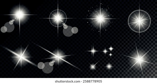 Glowing light bursts with sparks. A set of radiant glow effects, lens flare, explosion, brilliance, light streaks, solar flare, spark, and star. A stunning abstract image of bright flashes and shimmer