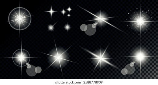 Glowing light bursts with sparks. A set of radiant glow effects, lens flare, explosion, brilliance, light streaks, solar flare, spark, and star. A stunning abstract image of bright flashes and shimmer