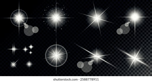 Glowing light bursts with sparks. A set of radiant glow effects, lens flare, explosion, brilliance, light streaks, solar flare, spark, and star. A stunning abstract image of bright flashes and shimmer