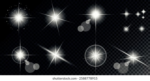 Glowing light bursts with sparks. A set of radiant glow effects, lens flare, explosion, brilliance, light streaks, solar flare, spark, and star. A stunning abstract image of bright flashes and shimmer