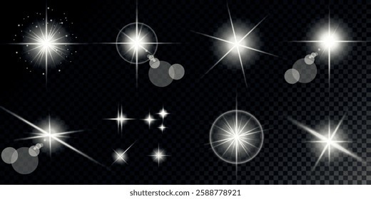 Glowing light bursts with sparks. A set of radiant glow effects, lens flare, explosion, brilliance, light streaks, solar flare, spark, and star. A stunning abstract image of bright flashes and shimmer