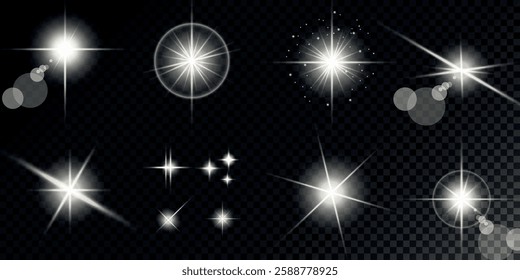 Glowing light bursts with sparks. A set of radiant glow effects, lens flare, explosion, brilliance, light streaks, solar flare, spark, and star. A stunning abstract image of bright flashes and shimmer