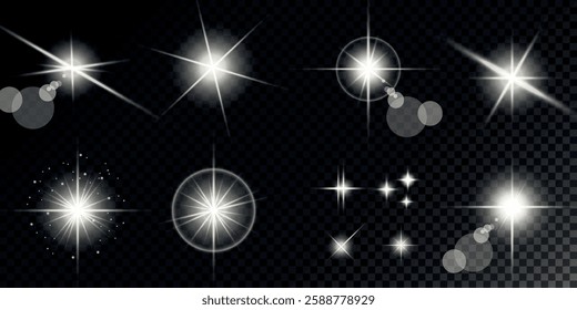 Glowing light bursts with sparks. A set of radiant glow effects, lens flare, explosion, brilliance, light streaks, solar flare, spark, and star. A stunning abstract image of bright flashes and shimmer