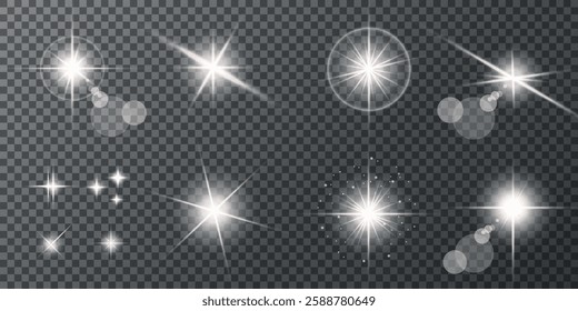 Glowing light bursts with sparks. A set of radiant glow effects, lens flare, explosion, brilliance, light streaks, solar flare, spark, and star. A stunning abstract image of bright flashes and shimmer