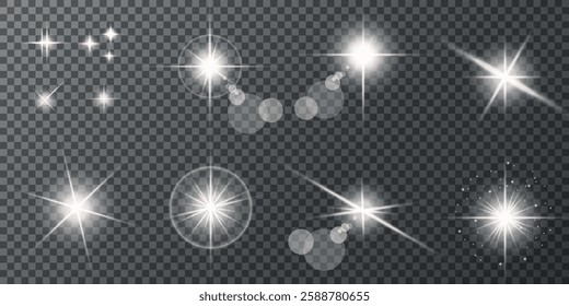 Glowing light bursts with sparks. A set of radiant glow effects, lens flare, explosion, brilliance, light streaks, solar flare, spark, and star. A stunning abstract image of bright flashes and shimmer