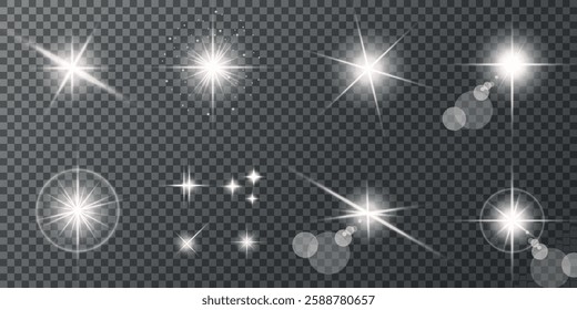 Glowing light bursts with sparks. A set of radiant glow effects, lens flare, explosion, brilliance, light streaks, solar flare, spark, and star. A stunning abstract image of bright flashes and shimmer