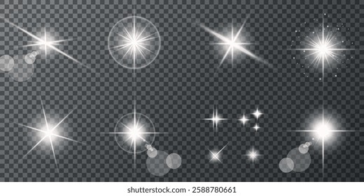 Glowing light bursts with sparks. A set of radiant glow effects, lens flare, explosion, brilliance, light streaks, solar flare, spark, and star. A stunning abstract image of bright flashes and shimmer