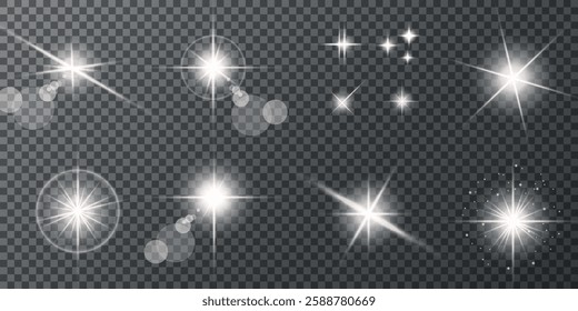 Glowing light bursts with sparks. A set of radiant glow effects, lens flare, explosion, brilliance, light streaks, solar flare, spark, and star. A stunning abstract image of bright flashes and shimmer