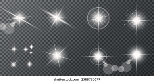 Glowing light bursts with sparks. A set of radiant glow effects, lens flare, explosion, brilliance, light streaks, solar flare, spark, and star. A stunning abstract image of bright flashes and shimmer